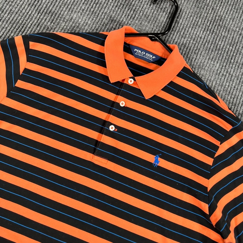 Polo Golf Shirt Mens Medium Orange Striped Short Sleeve Casual Comfort